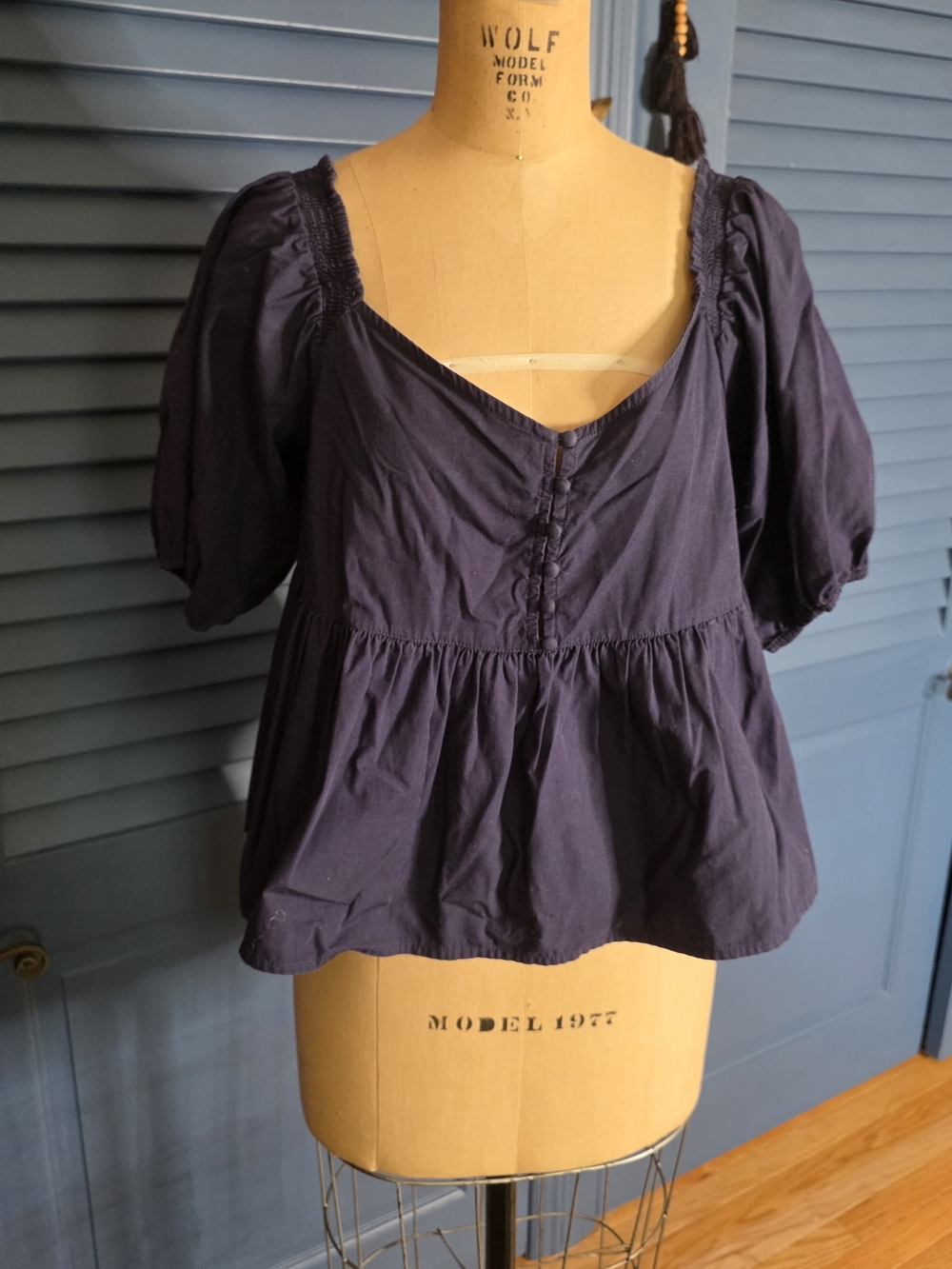 Free People Veronica Sweetheart Puff Sleeve Peplum Top in Night Sky Navy -